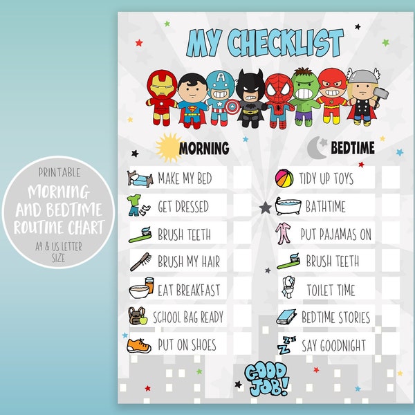 Kids Morning Bedtime Routine Charts | Printable Checklist | Instant Download | Premade & Blank Charts | Daily Responsibility | Superhero