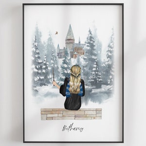 May include: A watercolour illustration of a young woman with long blonde hair wearing a black robe and blue scarf, standing in front of a snowy forest with a castle in the background. The woman is holding a wand and the text "Bethany" is written below her.