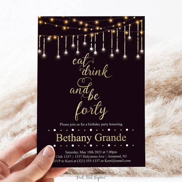 40th Birthday Invitation: Gold Fairy Lights Party (Printable)