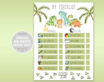 Dinosaur Kids Morning Bedtime Routine Charts | Instant Printable Checklist | Premade & Blank Charts | Daily Responsibility