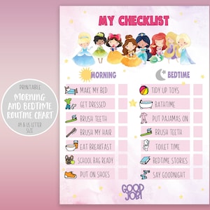 Kids Morning Bedtime Routine Charts | Printable Checklist | Instant Download | Premade & Blank Charts | Daily Responsibility | Princesses