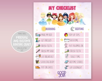 Tabella di routine per bambini delle principesse: lista di controllo per la mattina e per andare a letto / Scaricabile stampabile / Preimpostato e vuoto / Responsabilità quotidiana