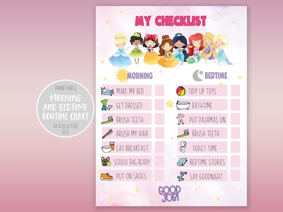 Princesses Kids Routine Chart: Morning & Bedtime Checklist | Printable Download | Premade and Blank | Daily Responsibility