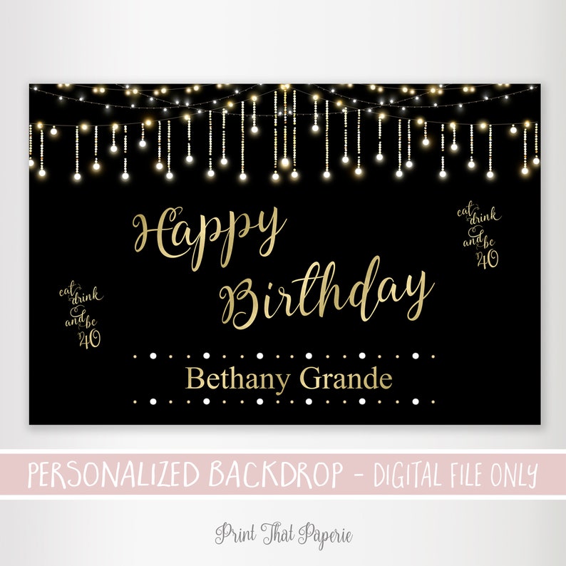 40th Birthday Backdrop Black and Gold Backdrop Printable Backdrop Personalized Backdrop Adult Party Banner 40th Birthday Banner image 1