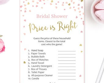 Bridal Shower Game - Bridal Price is Right Game, Pink and Gold Bridal Shower Printable, The price is right Bridal Game, Pink and Gold Hearts