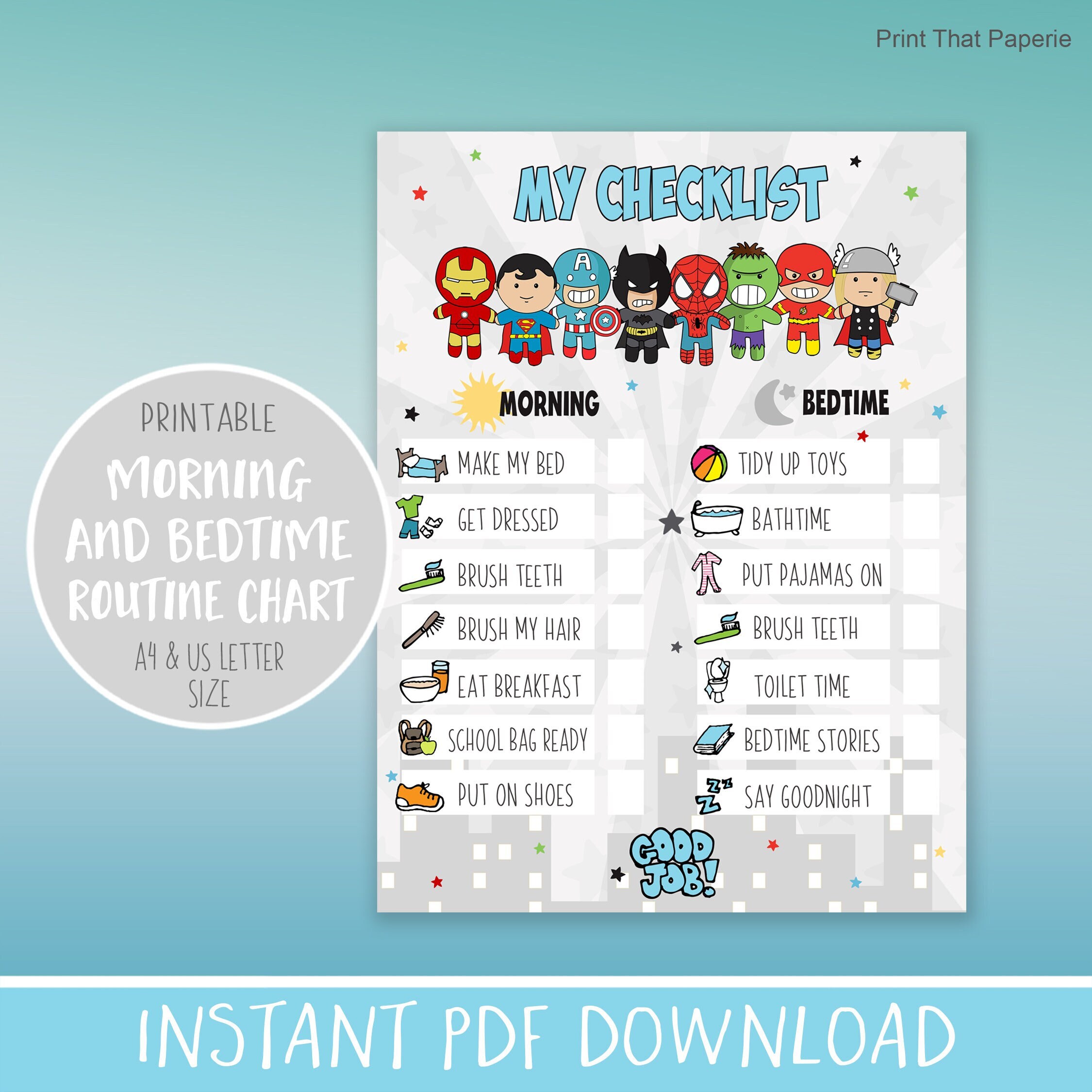 Kids Morning Bedtime Routine Charts | Printable Checklist | Instant D…