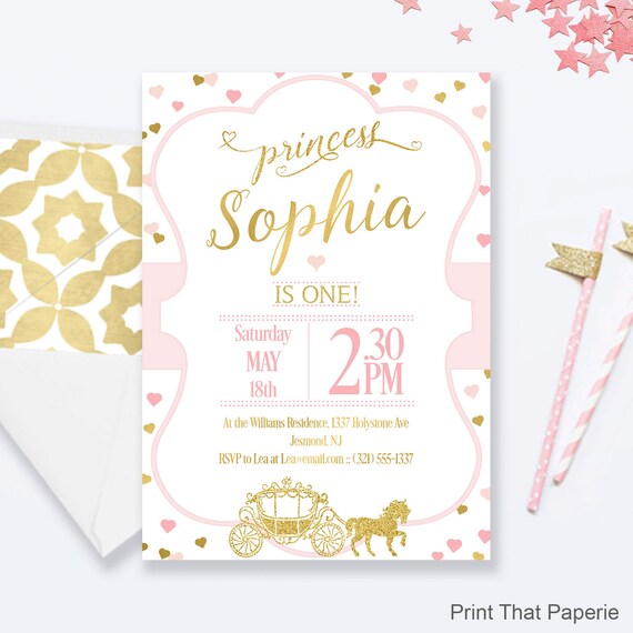 Pink and Gold Birthday Invitation - Pink and Gold Princess Invitation - Pink and Gold Invite - Pink and Gold Princess Hearts Birthday Invite Il_570xn