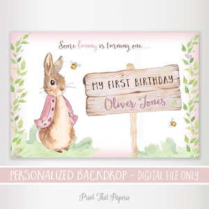 Telón de fondo del cumpleaños de Peter Rabbit - Telón de fondo del primer cumpleaños - Fiesta del conejo de Peter - Telón de fondo imprimible - Cartel del primer cumpleaños del conejo de Peter