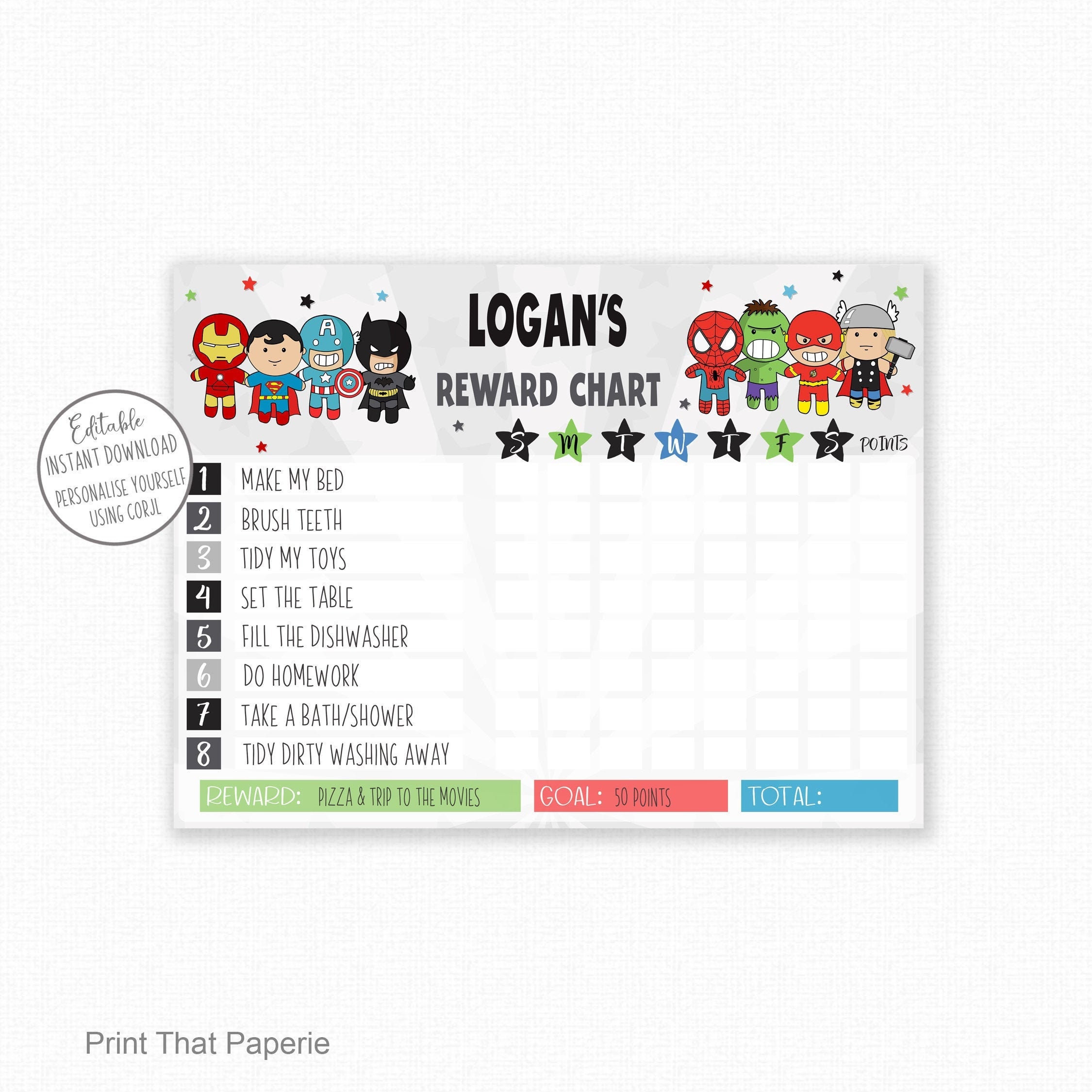 Editable Reward Chart | Kids Chore Chart | Behaviour Chart | Instant …