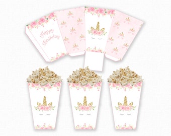 Unicorn Popcorn Box - Unicorn Birthday Popcorn Box - Printable - Unicorn Party - Pink and Gold Unicorn