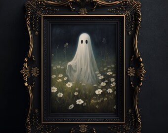 Ghost in Flower Meadow Art Print: Spooky Halloween Decor (Digital Download)