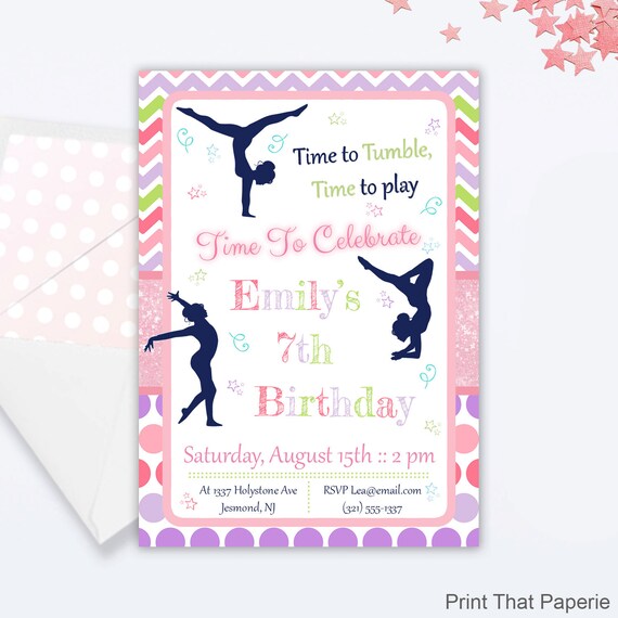 Gymnastics Party Birthday Invitation - Gymnastics Invitation - Gymnastics Invite - Gymnastics Party Birthday Invite Il_570xn