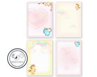 Unicorn Printable Writing Paper - Stationary Paper - Letter Writing Set - Unicorn Note Paper - Printable Journal Pages - Scrapbooking Paper