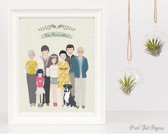 Family Portrait with Pets - Couple Portrait - Custom Family Portrait, Family Illustration - Personalized Portrait - Mother's Day gift