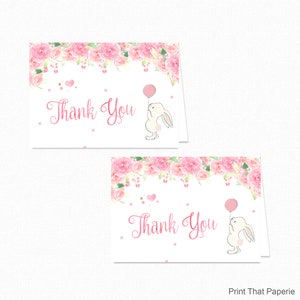 Printable Pink Bunny Thank You Card - Printable Instant Download - Floral Thank You Card - Rabbit Thank You Card