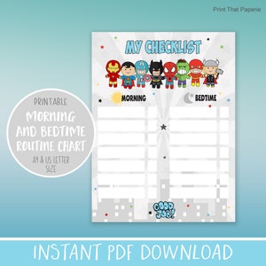 May include: Printable checklist with a superhero theme. The checklist is divided into two sections: morning and bedtime. The checklist has a gray background with a cityscape design. The top of the checklist features a row of cartoon superheroes, including Iron Man, Superman, Batman, Spiderman, Hulk, and Thor. The checklist includes the text "My Checklist", "Morning", "Bedtime", and "Good Job!"