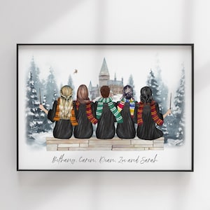 Best Friends Gift - Wizard School Print - Custom BFF - Friends Illustration - Personalized Portrait - Personalized Christmas gift