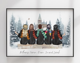 Impresión de la Escuela de Magos - Mejores amigos personalizados - Ilustración de amigos - Retrato personalizado