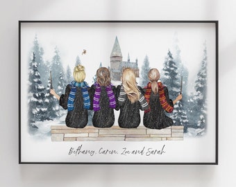 Best Friends Gift - Wizard School Print - Custom BFF - Friends Illustration - Personalized Portrait -Personalized Christmas gift
