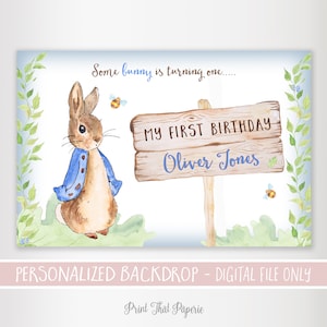 Telón de fondo del cumpleaños de Peter Rabbit - Telón de fondo del primer cumpleaños - Fiesta del conejo de Peter - Telón de fondo imprimible - Cartel del primer cumpleaños del conejo de Peter