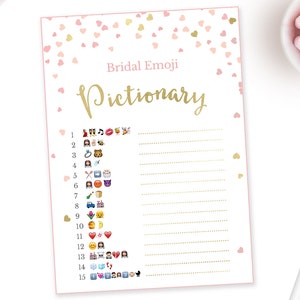 May include: A printable bridal shower game with a pink and gold color scheme. The game is called "Bridal Emoji Pictionary" and features a list of 15 emojis with blank lines for players to guess the corresponding words.