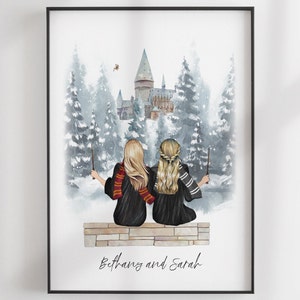 Best Friends Gift - Wizard School Print - Custom BFF - Friends Illustration - Personalized Portrait - Personalized Gift - Mother's Day gift