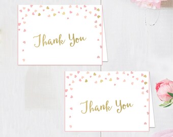 Pink and Gold Confetti Thank You Card - Wedding Birthday Party Printable - Instant Digital Download