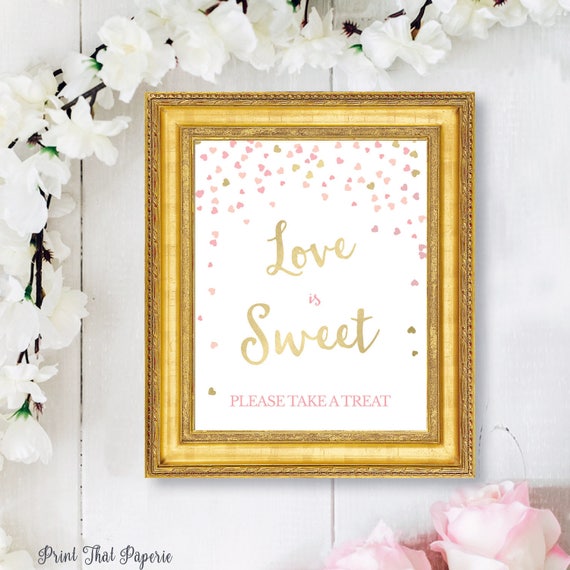 Bridal Shower Love is Sweet Favor Sign - Pink and Gold Bridal Shower Printable Signs - Wedding Favor Table Sign - Pink and Gold Hearts Il_570xn