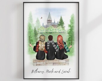 Impresión de la Escuela de Magos - Mejores amigos personalizados - Ilustración de amigos - Retrato personalizado