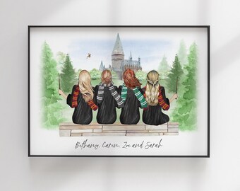 Impresión de la Escuela de Magos - Mejores amigos personalizados - Ilustración de amigos - Retrato personalizado