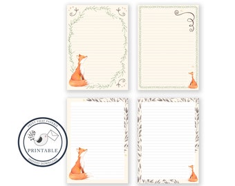 Fox Printable Writing Paper - Stationary Paper - Letter Writing Set - Fox Note Paper - DIY Printable Journal Pages - Fox Scrapbooking Paper