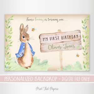 Sfondo di compleanno di Peter Rabbit - Sfondo del primo compleanno - Sfondo stampabile personalizzato - Festa di Peter Rabbit - Poster di Peter Rabbit
