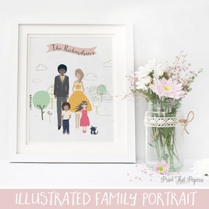 Family Portrait with Pets - Couple Portrait - Custom Family Portrait, Family Illustration - Personalized Portrait - Mother&#39;s Day gift