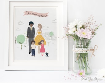 Family Portrait with Pets - Couple Portrait - Custom Family Portrait, Family Illustration - Personalized Portrait - Mother's Day gift