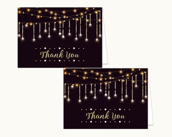 Tarjeta de agradecimiento con luces de hadas - Negra y dorada - Imprimible para fiesta de cumpleaños - Descarga digital instantánea