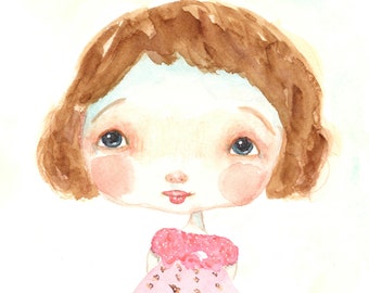 Watercolor painting, original art, whimsical girl, Dottie
