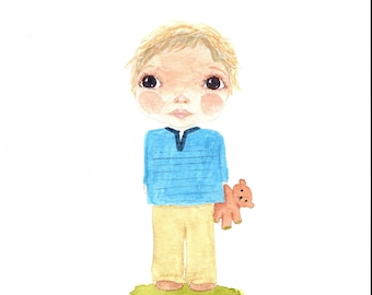 Grillige jongen aquarel kunstafdruk, decoratie kinderkamer