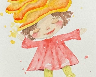 Mushroom Girl Watercolor Art Print, Whimsical Fairy Tale Illustration
