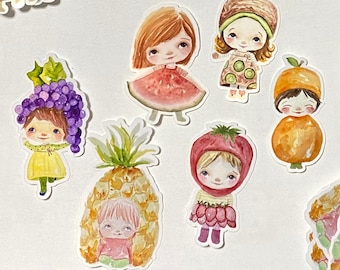 Set of 6 Vinyl stickers. Whimsical, cute, original. Strawberry, grapes, pineapple, orange, kiwi and watermelon.