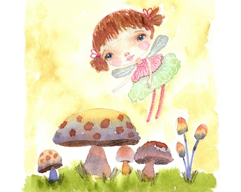 Whimsical Fairy Art Print, Mushroom Meadow Watercolor Painting