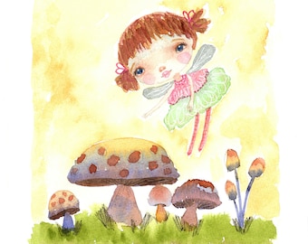 Watercolor art print, original art, whimsical girl, fairy, Little Fairy in the Mushroom Meadow