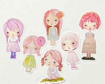 Set of 6 Vinyl stickers. Whimsical, cute, original. Pink hair. Perfect for your journaling or just adding some cuteness around