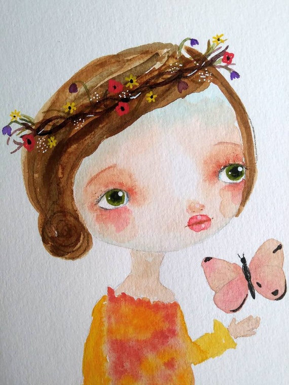 Watercolor Painting Whimsical Girl Folk Art Painting One Of | Etsy