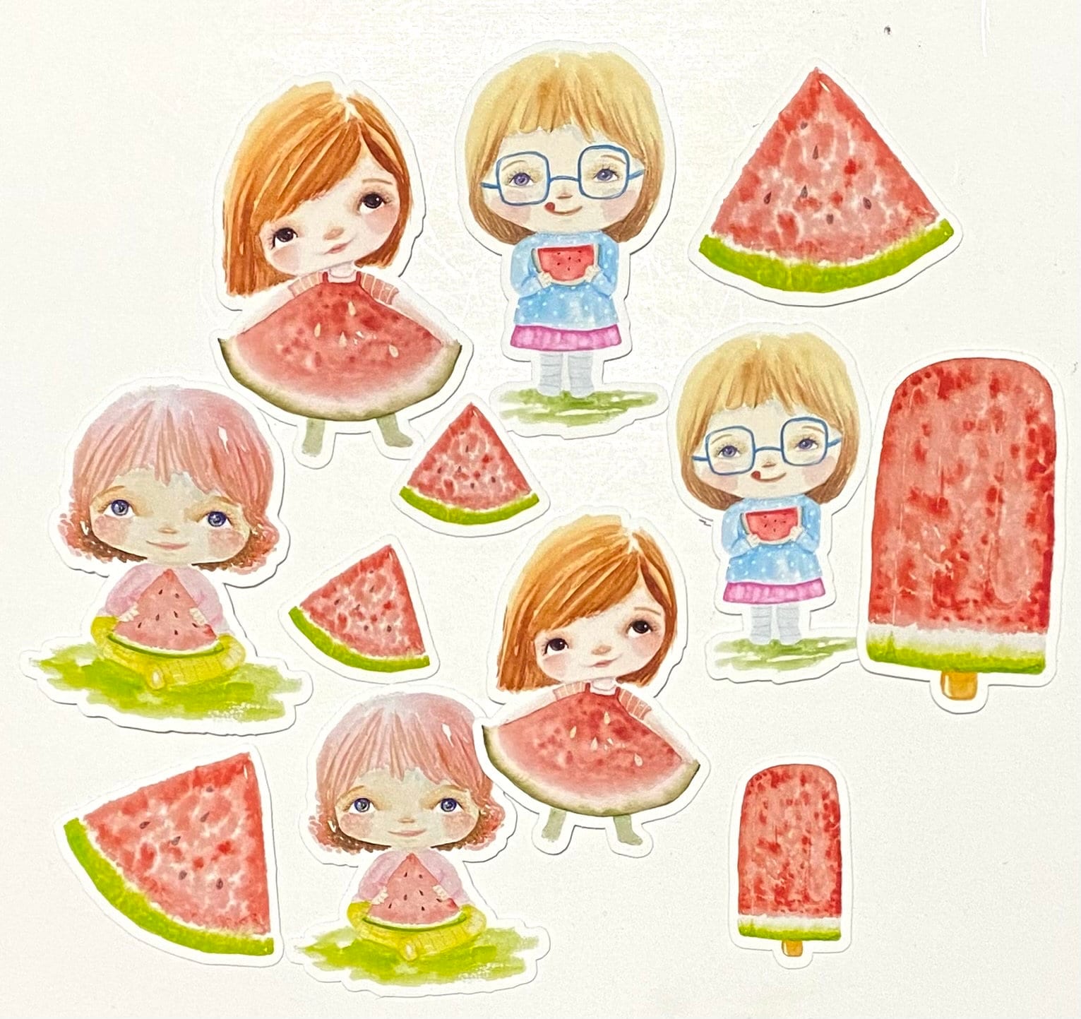 Set of 12  Vinyl stickers. Whimsical, cute, original. Watermelon