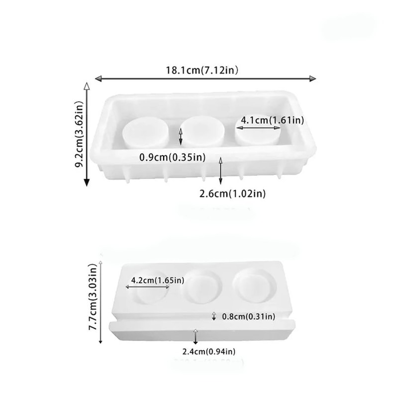 May include: Two white silicone molds for making round soap or candle shapes. The larger mold is 7.12 inches wide, 3.62 inches tall, and 1.02 inches deep. The smaller mold is 3.03 inches tall, 1.65 inches wide, and 0.94 inches deep.