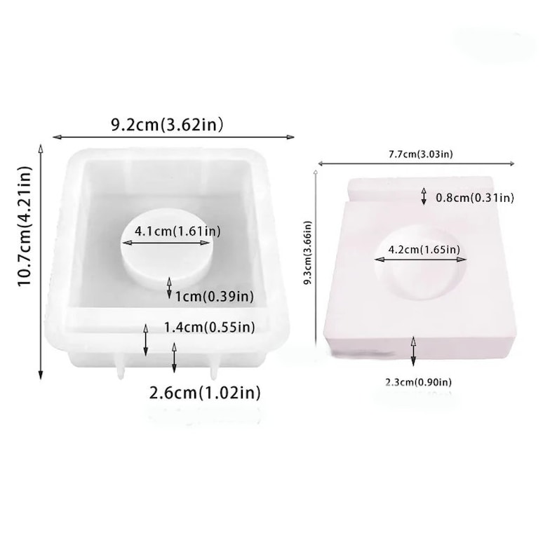 May include: Two white silicone molds for making soap or resin crafts. The larger mold is 9.2 inches wide, 10.7 inches tall, and 2.6 inches deep. The smaller mold is 7.7 inches wide, 9.3 inches tall, and 2.3 inches deep. Both molds have a circular indentation in the center.