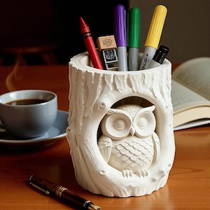 Könnte beinhalten: Ein weißer Stifthalter im Eulen-Design mit einem Baumstamm-Motiv. Der Halter enthält einen roten Buntstift, einen kleinen Stempel und mehrere farbige Marker. Eine Tasse Kaffee und ein Buch befinden sich im Hintergrund.