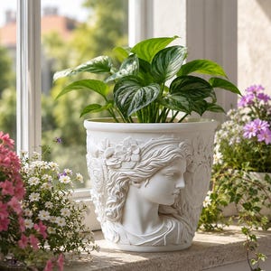 Könnte beinhalten: Ein weißer Keramik-Blumentopf mit einem geformten klassischen weiblichen Gesicht und floralen Details. Der Topf enthält eine grüne Blattpflanze und steht auf einer Fensterbank mit anderen Topfblumen. Die Szene wird von natürlichem Licht beleuchtet.