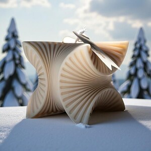 Könnte beinhalten: Eine abstrakte Skulptur mit einem geschichteten, fächerartigen Design in Beige- und Cremetönen. Die Skulptur hat eine geschwungene, Sanduhrform und steht auf Schnee. Ein Etikett ist angebracht.