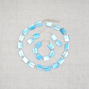 Conjunto de joyas de lino con nácar turquesa, collar rectangular de concha azul, pulsera y pendientes colgantes, regalo bohemio veraniego de sirena costera, 7145
